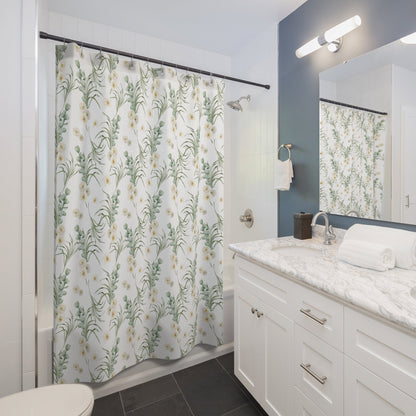 White Shower Curtain, Plant Bathroom, Green Bathroom, White Bathroom, Nature Curtain, Nature Decor, Botanical Decor, White Flowers