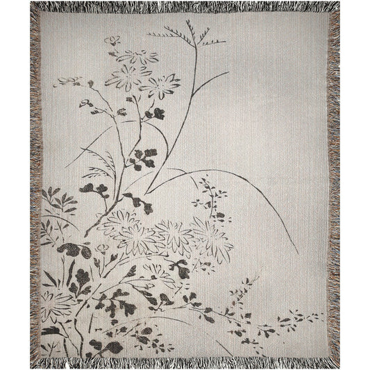 Japanese Blanket, Woven Blanket, Cotton Blanket, White Blanket, Botanical Throw, Nature Blanket, Japaense Decor, Black White Blanket