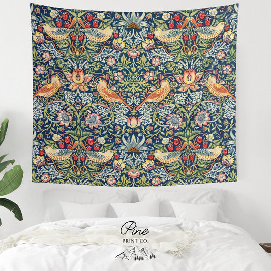 William Morris Bird Pattern Strawberry Vintage Fine Art Wall Tapestry