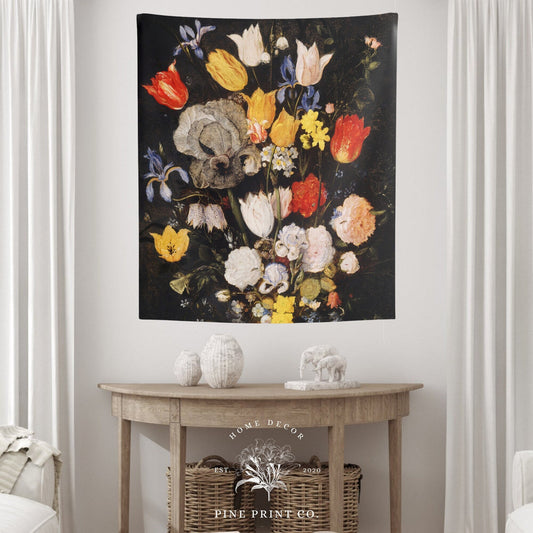 Black Vintage Floral Painting Wall Tapestry