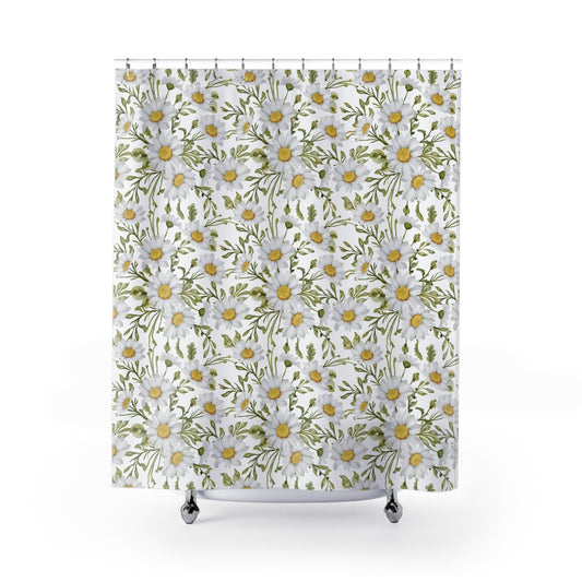 White Shower Curtain, Floral Bathroom, Floral Curtain, White Bathroom, Nature Bathroom, Botanical Decor, Daisy Decor, Flower Home Decor
