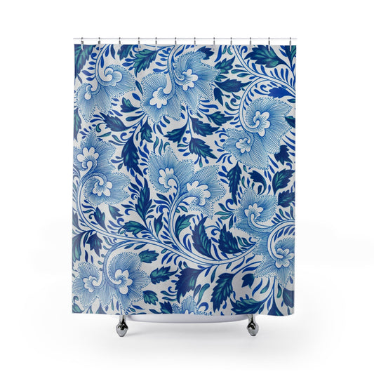 Blue Shower Curtain, Chinese Flowers, Floral Shower Curtain, Blue Bathroom, Blue White Decor, White Decor, Vintage Floral, Vintage Bathroom